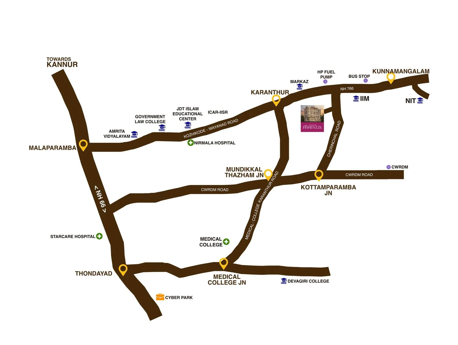 Location map showing proximity of Sowparnika Florenzza to IIM Kozhikode, NIT Calicut, and major Kozhikode landmarks